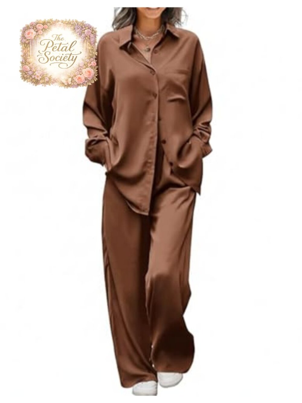Satin Silky Pajama Set Long Sleeve Button Down V Neck Wide Leg Loungewear